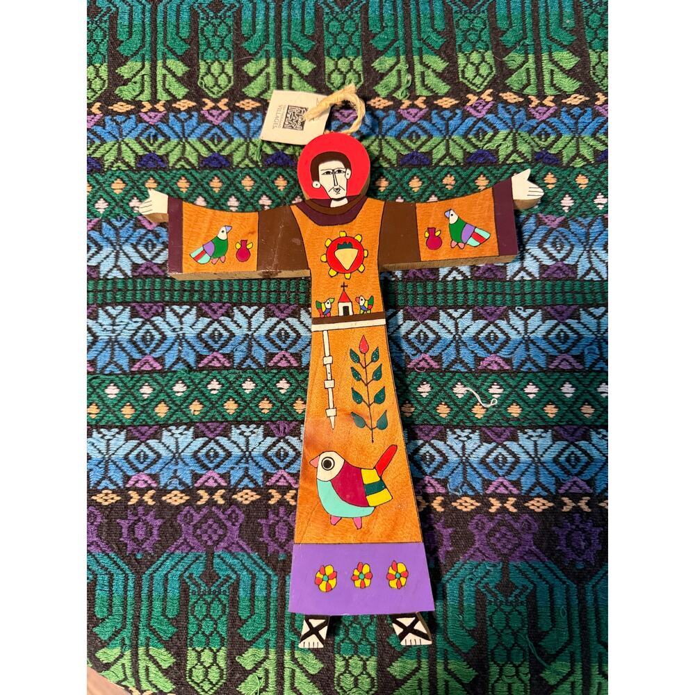 Saint Francis Folk Painted Wooden Cross- From El Salvador